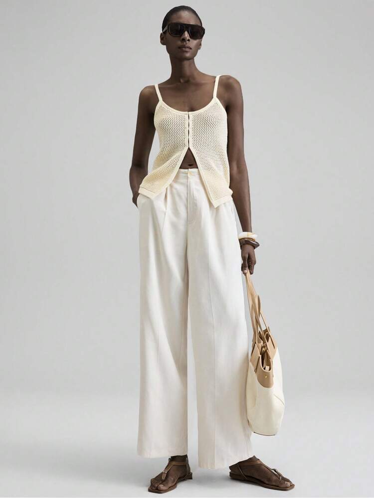 Women's Beige Summer Chic Vacation Holiday,Front Button Split Hem Sleeveless Knit Top,Business Casual Retro Elegant Versatile Basics Nashville Apparel