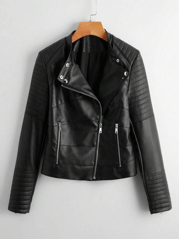 SHEIN EZwear Chaqueta con solapa grande de talla grande, hecha con PU y trabajo de maquinaria pesada