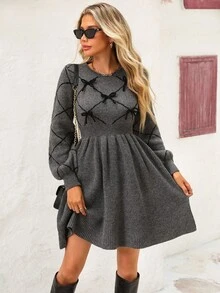 Vivid Eden Women's Casual Bow Decor Knit Sweater Dress, Autumn/Winter, Long Sleeve Dress, Lantern Sleeve Dress Puff Sleeve Dress, Gray Dress,Casual Outfit For Women, Gray Dresses For Women, Long Sleeve Elegant Sweater Dress - Grey - View 7