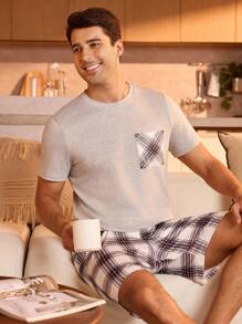 Manfinity Underwear&Sleepwear Basics Men's Summer Casual Plaid Patchwork Pocket Short Sleeve Top And Shorts Loungewear Set