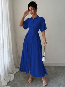 Elenzga Vestido amarillo con diseño de botones monocillo y corte evasé - azul real - Ver 3