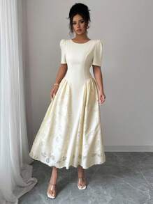 Modelyn Damen Gewebe-Collagen-Midi-Kleid mit kurzen Ärmeln und A-Linie, figurbetonter Silhouette - Aprikosenfarben - Übersicht 6