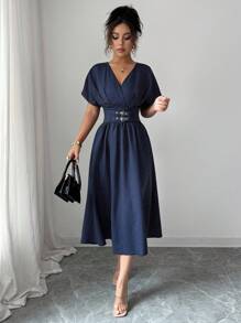 Modelyn Váy midi chữ A họa tiết sọc dệt cho nữ, cổ chữ thập màu xanh navy, thắt lưng tự buộc, dáng ôm - Màu xanh hải quân - Xem 6