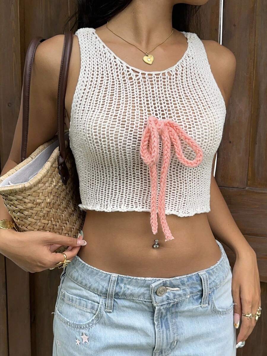Sunnyshic Women Sexy Bowknot Hollow Out Knitted Vest - White - View 1