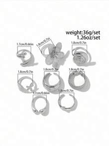 ROMWE Goth 8pcs Fashion Ocean-Inspired Metal Ring Set, Glossy Starfish Shell Flower Geometric Rings, Gift For Women/Daughter/Wife - Silver - View 5