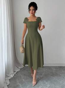 Elenzga Váy chữ A tay ngắn thanh lịch cho nữ, cổ tròn, ngực xẻ, có thắt lưng, mùa xuân/hè, thích hợp mặc đi làm, trà chiều, tiệc tùng - xanh quân đội - Xem 4