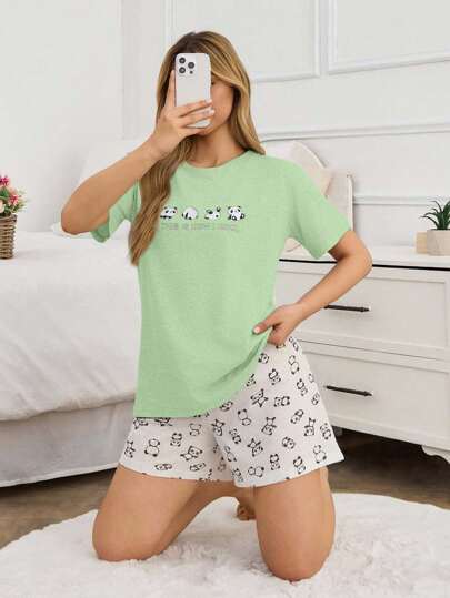 EURMUSE Woen Cotton 2pcs Contrast Colour Cute Panda Printed Short Sleeve Shirt And Contrast Colour Panda Pattern Sleep Shorts PJ Set