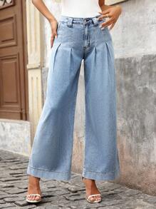 EMERY ROSE 女式口袋褶皱阔腿宽松休闲百搭牛仔裤 - 藍色 - 查看 1