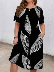 EMERY ROSE Vestido con estampado de hojas con textura para vacaciones en talla grande - Negro - Ver 5