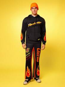 Cheetos X SHEIN Sweatshirt Hoodie Pria dengan Motif Huruf & Api, Saku, dan Tali Serut - Hitam - View 3