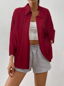 SHEIN EZwear Spring White Solid Batwing Sleeve Shirt - Burgundy - View 6