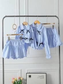 Set da 2 pezzi a righe blu e bianche per ragazze pre-adolescenti, carino outfit scolastico autunnale per il ritorno a scuola, camicia a maniche lunghe con fiocco 3D e gonna, casual per vacanze - Blu - Visualizzare 4