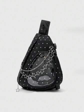 Anime 1pc Black Y2K Punk Style Metal Star Chain Crossbody Bag, Anime Transparent Layered Doll Badge Chest Bag, Suitable For Casual, Commuting, Shopping, Sports