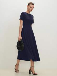 BizChic 女士圆领短袖 A 字腰优雅连衣裙，适合婚礼、音乐会、办公室穿着的基本款商务休闲装 - 藏蓝色 - 查看 3