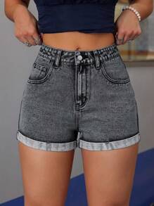 SHEIN Tall 女式夏季休闲做旧不对称口袋磨边下摆紧身牛仔短裤 - 灰色 - 查看 5