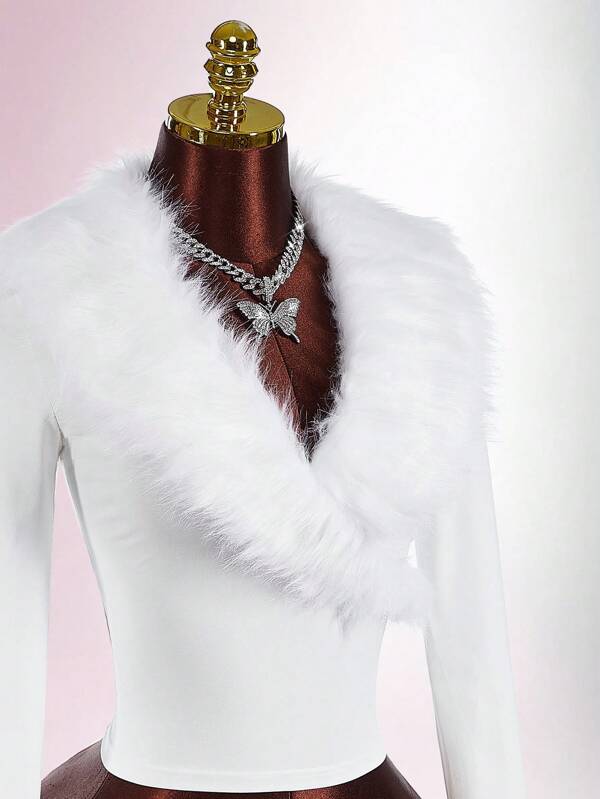 Amplova Top ajustado de manga larga con cuello de piel en unicolor