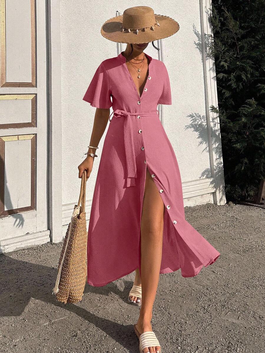 EURMUSE Ruffle Sleeve Crew-Neck Buttoned Maxi Dress With Shell Belt - Dusty Pink - View 1