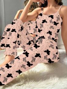 SHEIN 女士舒适蝴蝶印花吊带背心和短裤睡衣套装，夏季 - 彩色 - 查看 3