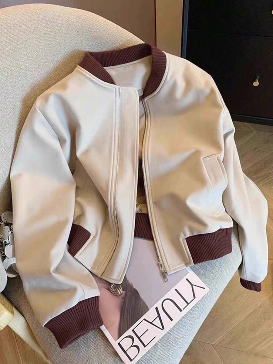 Airaco Áo khoác màu khối có khóa kéo thường ngày dành cho nữ, thích hợp cho các buổi đi chơi - Màu Khaki - Xem 1