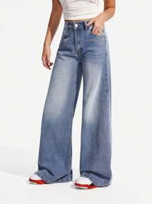 SHEIN PETITE Women's Casual Daily Distressed Cat Whisker Slit Pocket Wide Leg Jeans - Light Wash - View 4