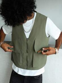 Manfinity Hypemode Chaleco casual de moda urbana para hombre con cremallera frontal y bolsillos con solapa, para verano