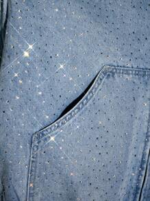 ROMWE MEN Street Life Men's Autumn Long Sleeve Pocket Zipper Collar Sparkling Diamond Denim Hooded Jacket - Blue - View 2