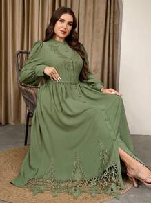 Graceveil Đầm suông dài tay màu trơn cỡ lớn có dây buộc eo thanh lịch thường ngày - xanh quân đội - Xem 7