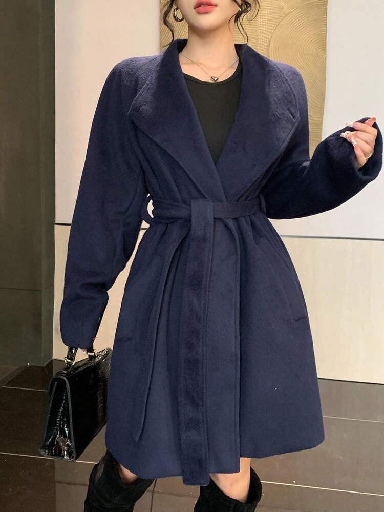 Women's Oblique Collar Waist Cinched Long Sleeve Mid-Length Woolen Jacket Women Coats