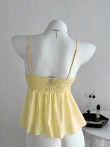 Camiseta de tirantes con volantes de unicolor lindo para damas, ropa de verano para la universidad - Amarillo 2 - Ver 2