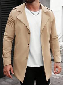Manfinity Homme Áo khoác trench coat nam cổ ve đơn hàng khuy đơn, hở phía trước, màu trơn, phong cách mùa thu, Old Money - Màu Khaki - Xem 5