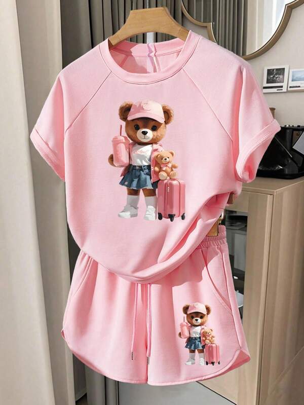 INAWLY Set de tricou și pantaloni scurți cu mânecă raglan și imprimeu casual pentru femei