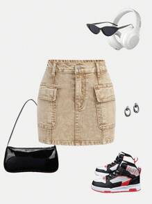SHEIN Girlism Spódnica jeansowa dla nastolatek w stylu casual vintage cool y2k khaki wygodna i elastyczna obcisła miękka odzież codzienna jesień i zima powrót do szkoły powrót do domu rave festiwal i plaża streetwear spódnica jeansowa cargo do szkoły - Kolor khaki - Zobacz 1