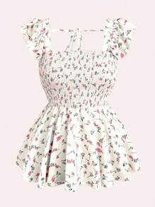 SHEIN LUNE 加大码女式碎花印花方领荷叶边松紧腰吊带背心 - 杏色 - 查看 1