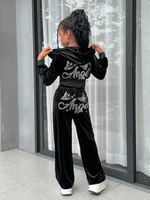 Tween Girl Velvet Rhinestone Hoodie & Fitted Pants 2pcs Suit Set, Fashion Casual Outfit For Halloween, Christmas Party, Weekends, Casual Outing Fall Winter - Black - View 6