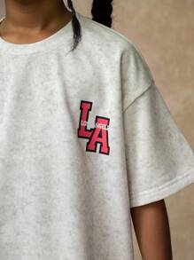 SHEIN Explorewe 2pcs/Set Girls Retro Casual Letter Graphic Short Sleeve Tee And Flare Pants,Light Grey Summer School Back-To-School Tween Girl Clothes Pants Set - Grey - View 7