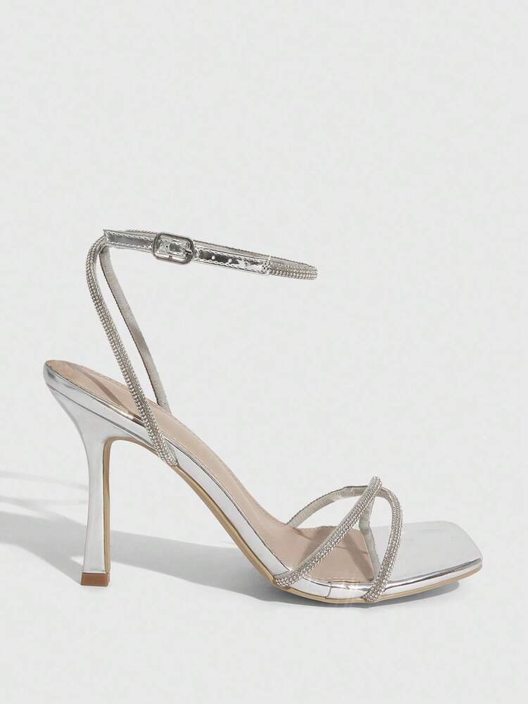 CUCCOO SZL Women's Square Toe Rhinestone Ankle Strap Sandals For Christmas Spring Shoes Prom Heels