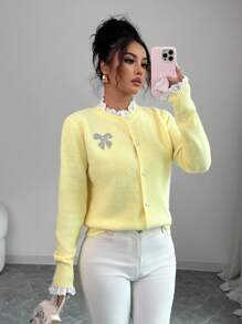 Elenzga 女士休闲宽松圆领荷叶边蝴蝶结黄色开衫毛衣秋冬女装 - 黃色 - 查看 1