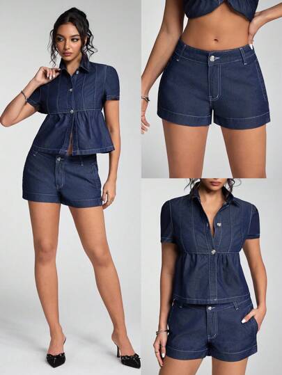 Jeanoix Low Waist Contrast-Color Raw Denim Shorts