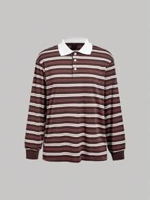 SHEIN MOD Women's Pink And White Striped Polo Shirt,Autumn 90s Retro Long Sleeve Collared Shirt,School Back-To-School Casual Daily Wear Striped Long Sleeve Top - Red - View 2