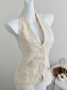 SHEIN Unity V-Neck Fringed Backless Halter Crop Tailored Jacket - White - View 4