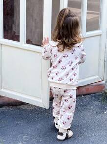 SHEIN 2pcs/Set Baby Girls Peter Pan Collar Ruffle Long Sleeve Pullover Sweatshirt & Elastic Waist Pants,Beige Autumn Cute Matching Family Fashion Daily Outfit - Apricot - View 2