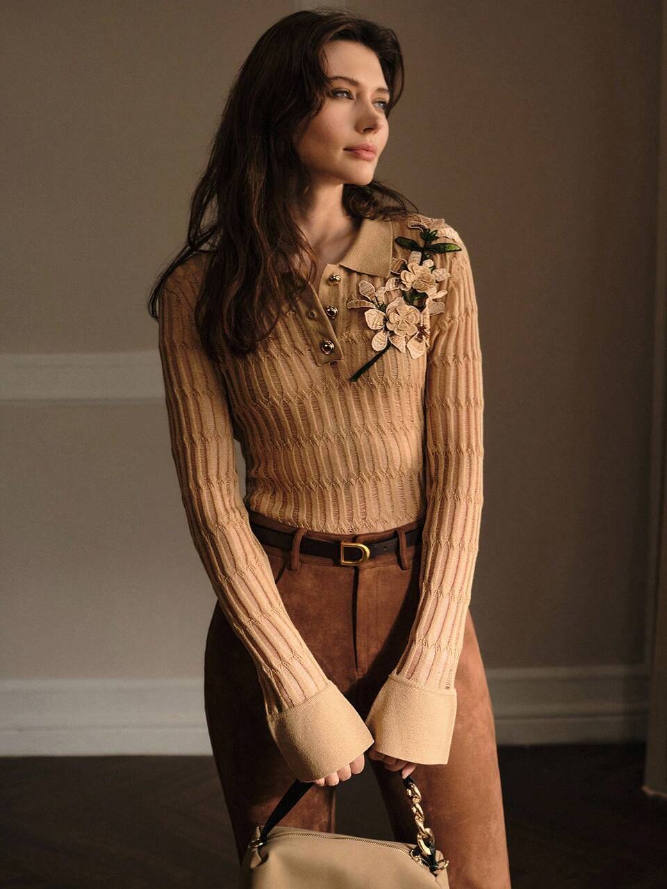APPLIQUES POLO COLLAR SLIM FIT TEXTURED KNIT SWEATER KNIT PULLOVER FALL WINTER