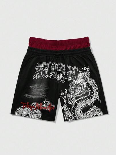 Anime شورتات رجالية صيفية بخصر مزدوج بسحاب والمطبوع عليها تنين صيني و حروف