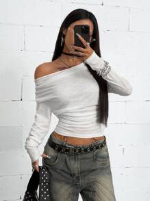Coolane Damen Sommer Streetwear Musik Festival Lässig minimalistisches rückenloses asymmetrisches Hals weißes T-Shirt - Weiss - Übersicht 4