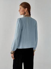 Florisole Boho V-Neck Button-Front Long Sleeve Tie Waist Shirt Casual Spring Fall For Women - Blue - View 2