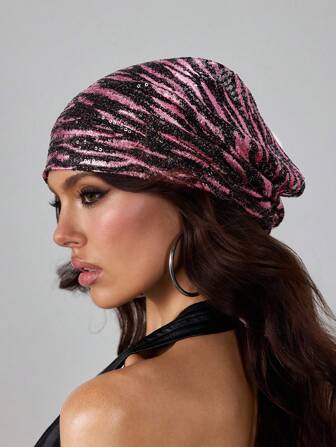 Grunge Punk 1pc Punk Style Pink & Black Leopard Print Rhinestone Embellished Beanie Hat, Y2K High Quality Vintage Sequin Slouchy Beanie, Thin Fashionable Hat For Everyday And All Season Wear