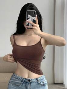 DAZY 女士休闲纯色内置衬垫吊带背心，修身背心，四季皆宜 - 棕色 - 查看 4