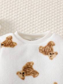 SHEIN Bộ đồ liền thân in hình gấu vải nỉ giản dị cho bé gái, mùa thu/đông - trắng - Xem 5