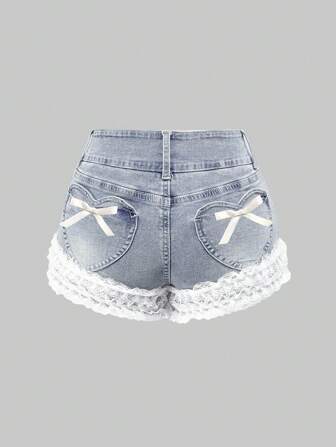 Kawaii Short vaquero para adolescentes con decoración de lacito, parche de corazón y acabado de encaje