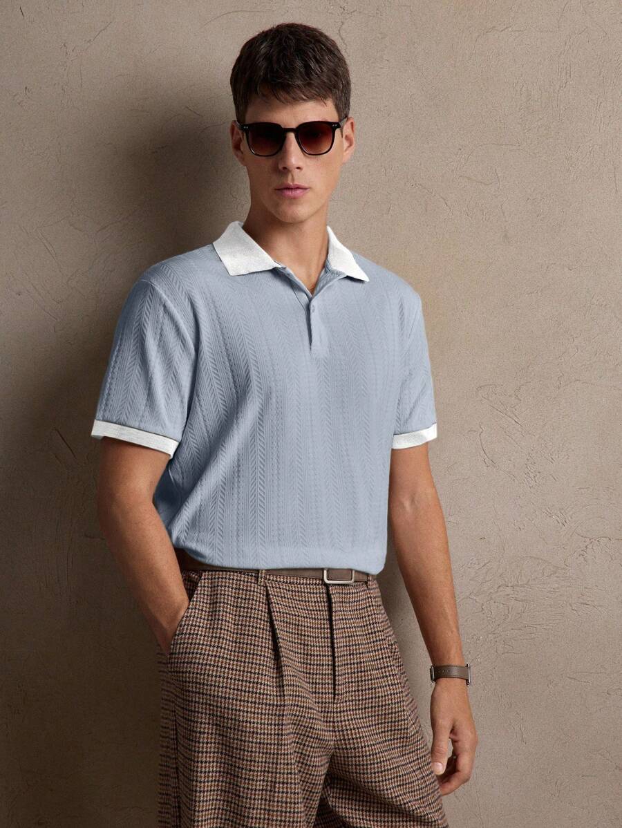 男士针织白色“Old Money”纹理修身短袖休闲 Polo 衫，适合日常穿着、通勤、春夏季、节日、派对、婚礼、情侣装、男友礼物、沙滩装 - 霧霾藍 - 查看 1
